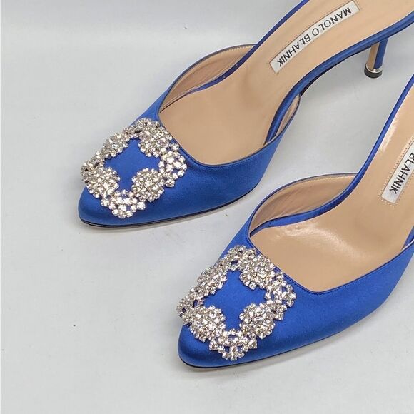 Manolo Blahnik Satin Blue Mules with Crystal Accent - Picture 5 of 13